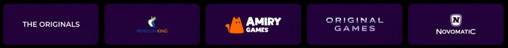Playzini Casino aanbieders overzicht met The Originals, Penguin King, Amiry Games, Original Games en Novomatic