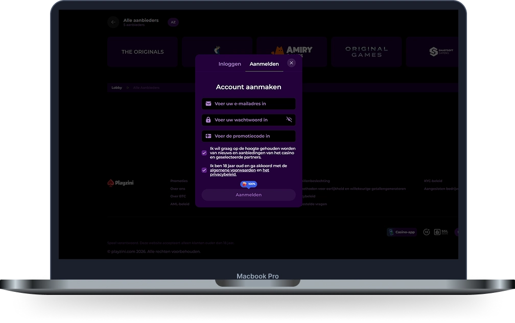 Playzini Casino account aanmaken scherm op MacBook met registratieformulier en invoervelden