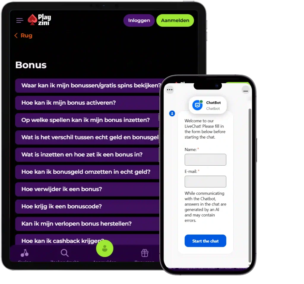 Playzini Casino FAQ scherm met bonusvragen en livechat formulier op mobiel