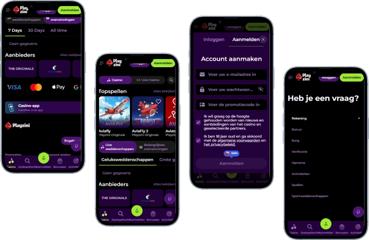 Playzini Casino mobiele app overzicht met startpagina, topspellen, registratieformulier en helpmenu