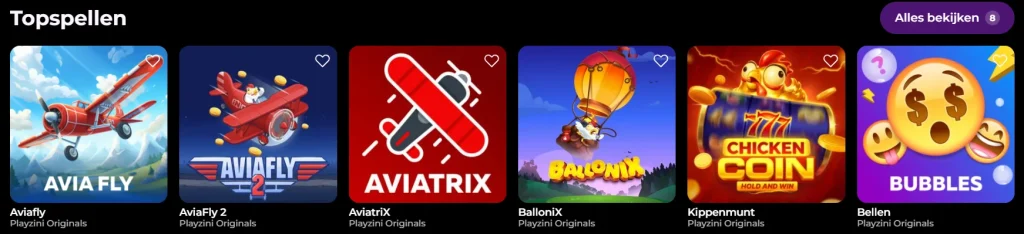 Playzini Casino topspellen overzicht met Aviafly, Aviatrix, BalloniX, Kippenmunt en Bellen